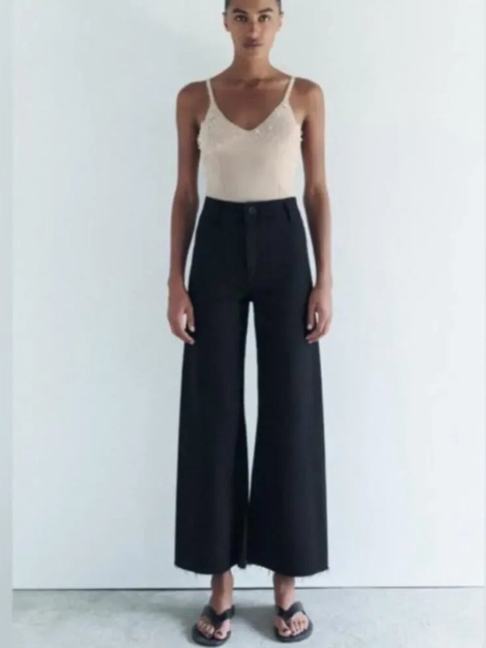 Zara The Marine High Rise Straight Wide Leg Raw Hem Black Jeans Size 2